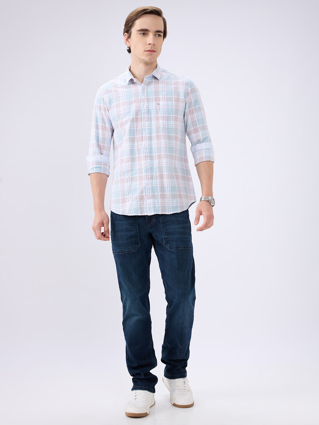 Men's Green Cotton Blended Checked Slim Fit Full Sleeves Casual Shirt