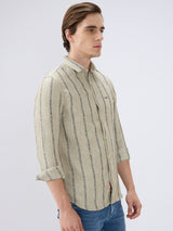 Men's Green Cotton Blend Striped Slim Fit Full Sleeves Casual Shirt