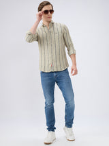 Men's Green Cotton Blend Striped Slim Fit Full Sleeves Casual Shirt