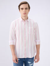 Men's Pink Cotton Blended Striped Slim Fit Full Sleeves Casual Shirt