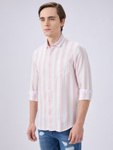 Men's Pink Cotton Blended Striped Slim Fit Full Sleeves Casual Shirt