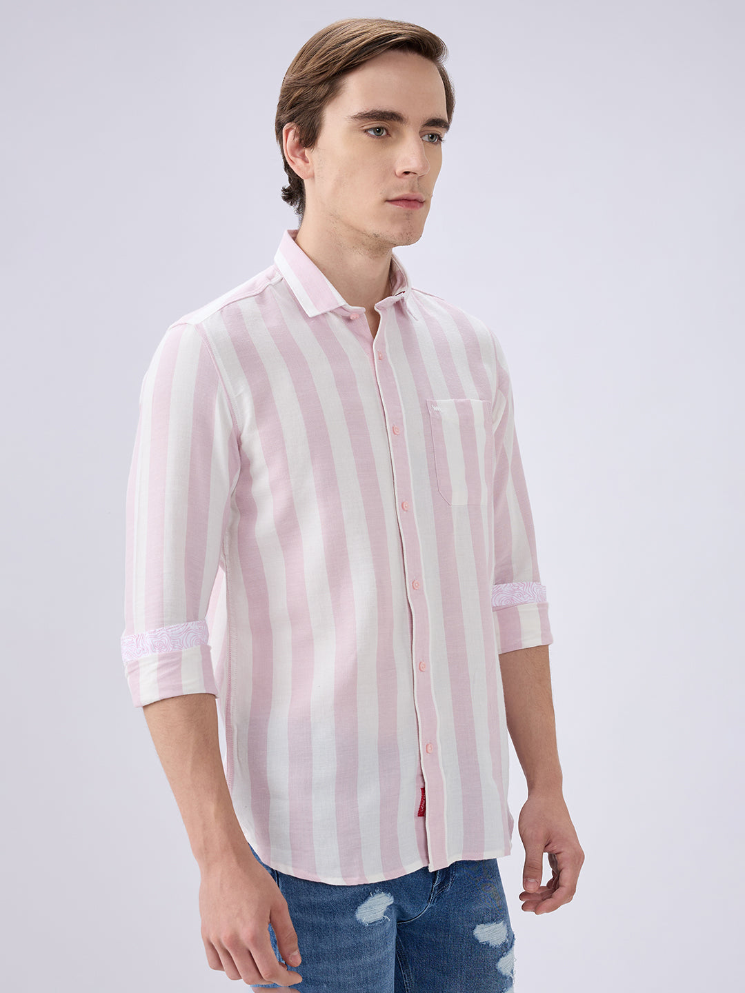 Men's Pink Cotton Blended Striped Slim Fit Full Sleeves Casual Shirt