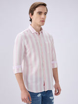 Men's Pink Cotton Blended Striped Slim Fit Full Sleeves Casual Shirt