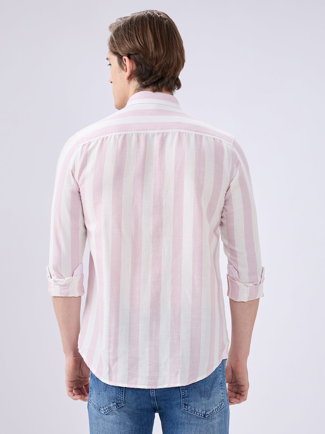 Men's Pink Cotton Blended Striped Slim Fit Full Sleeves Casual Shirt