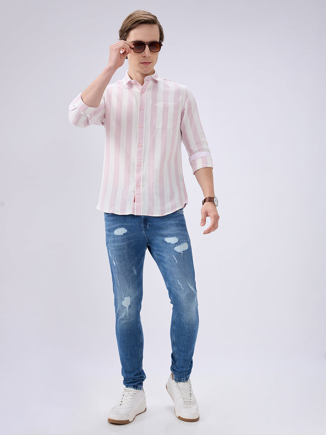 Men's Pink Cotton Blended Striped Slim Fit Full Sleeves Casual Shirt