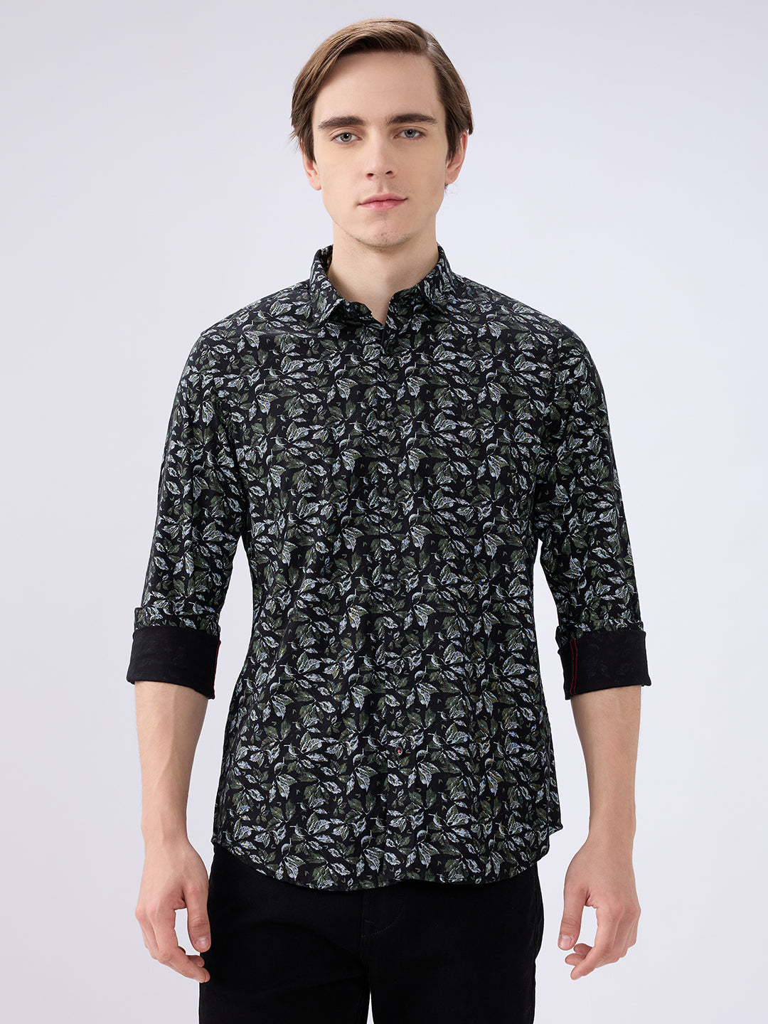 Men's Black Cotton Blended Printed Slim Fit Full Sleeves Casual Shirt