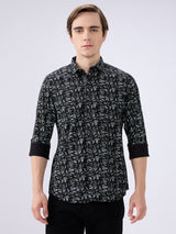 Men's Black Cotton Blended Printed Slim Fit Full Sleeves Casual Shirt