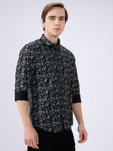 Men's Black Cotton Blended Printed Slim Fit Full Sleeves Casual Shirt