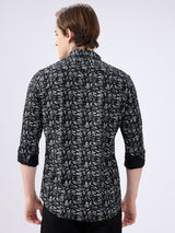 Men's Black Cotton Blended Printed Slim Fit Full Sleeves Casual Shirt