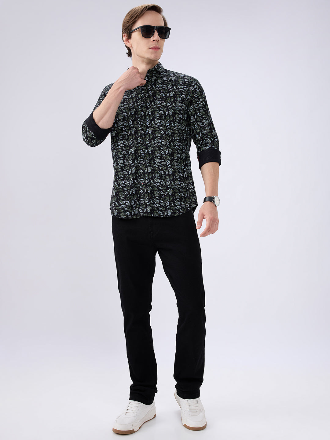 Men's Black Cotton Blended Printed Slim Fit Full Sleeves Casual Shirt