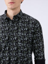 Men's Black Cotton Blended Printed Slim Fit Full Sleeves Casual Shirt
