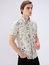 Men's Blue Cotton Blend Printed Slim Fit Half Sleeves Casual Shirt