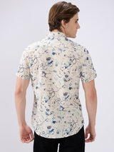 Men's Blue Cotton Blend Printed Slim Fit Half Sleeves Casual Shirt