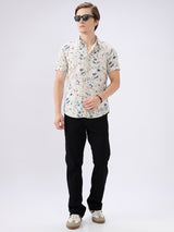 Men's Blue Cotton Blend Printed Slim Fit Half Sleeves Casual Shirt