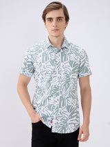 Men's Olive Cotton Blend Printed Slim Fit Half Sleeves Casual Shirt