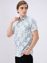 Men's Olive Cotton Blend Printed Slim Fit Half Sleeves Casual Shirt