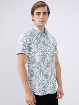 Men's Olive Cotton Blend Printed Slim Fit Half Sleeves Casual Shirt