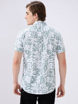 Men's Olive Cotton Blend Printed Slim Fit Half Sleeves Casual Shirt
