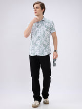 Men's Olive Cotton Blend Printed Slim Fit Half Sleeves Casual Shirt