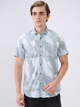Men's Olive Cotton Blend Printed Slim Fit Half Sleeves Casual Shirt
