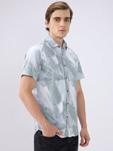 Men's Olive Cotton Blend Printed Slim Fit Half Sleeves Casual Shirt