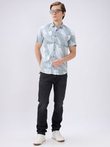 Men's Olive Cotton Blend Printed Slim Fit Half Sleeves Casual Shirt