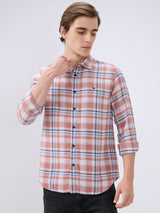 Men's Peach Casual Slim Fit Checked Full Sleeves Shirt