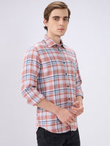Men's Peach Casual Slim Fit Checked Full Sleeves Shirt
