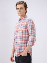 Men's Peach Casual Slim Fit Checked Full Sleeves Shirt