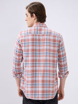 Men's Peach Casual Slim Fit Checked Full Sleeves Shirt