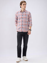 Men's Peach Casual Slim Fit Checked Full Sleeves Shirt