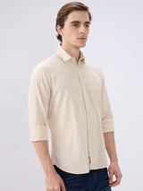 Men's Beige Cotton Blend Solid Slim Fit Full Sleeves Casual Shirt