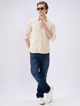 Men's Beige Cotton Blend Solid Slim Fit Full Sleeves Casual Shirt