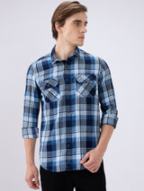 Men's Blue Cotton Blend Checked Slim Fit Full Sleeves Casual Shirt
