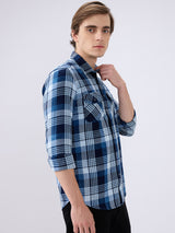 Men's Blue Cotton Blend Checked Slim Fit Full Sleeves Casual Shirt