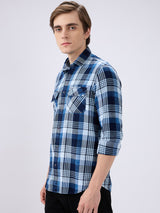 Men's Blue Cotton Blend Checked Slim Fit Full Sleeves Casual Shirt