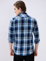 Men's Blue Cotton Blend Checked Slim Fit Full Sleeves Casual Shirt