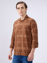 Men's Brown Cotton Blended Solid Slim Fit Full Sleeves Casual Shirt