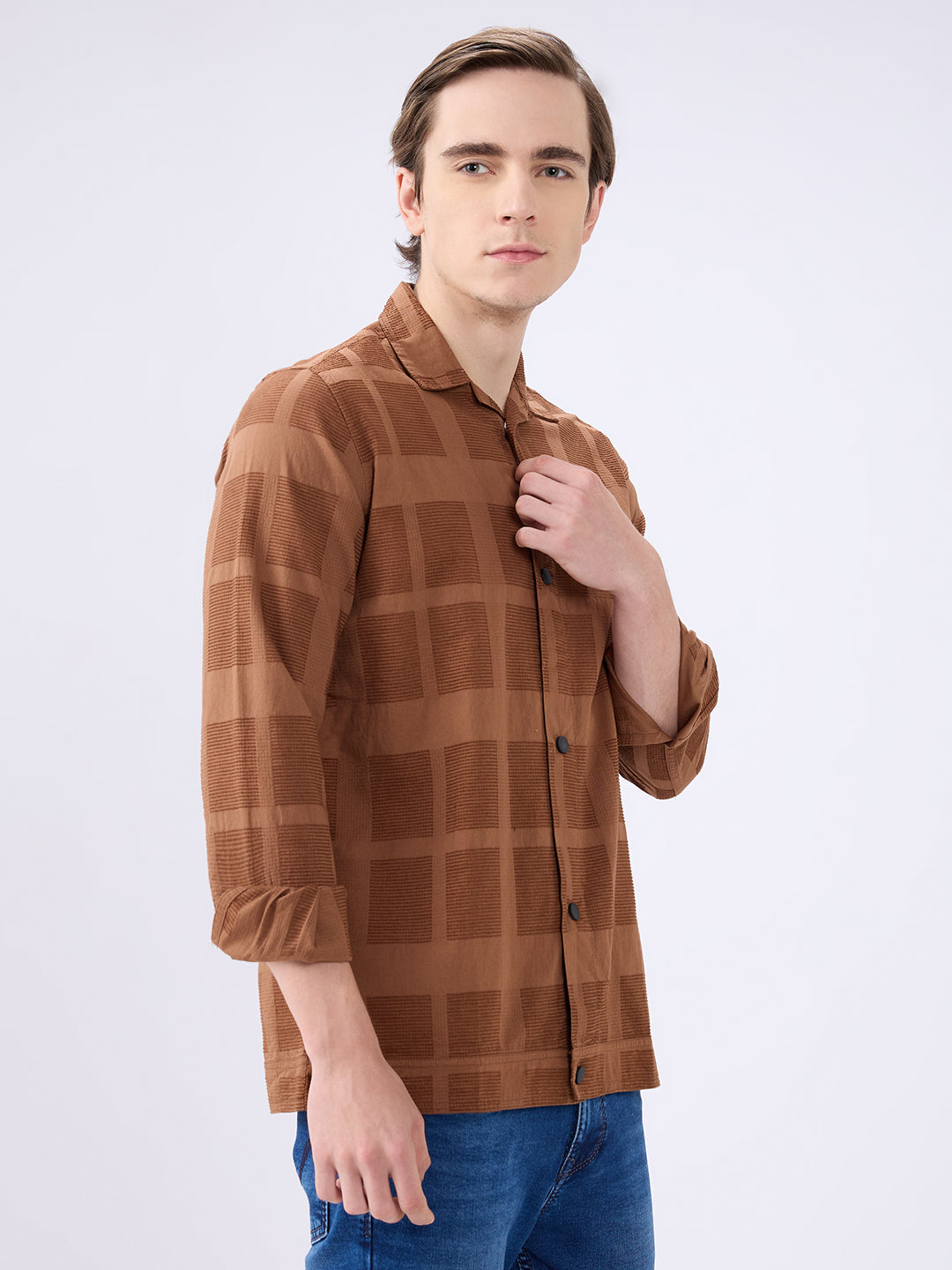 Men's Brown Cotton Blended Solid Slim Fit Full Sleeves Casual Shirt