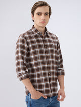 Men's Brown Cotton Blend Checked Slim Fit Full Sleeves Casual Shirt
