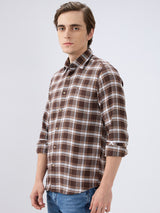Men's Brown Cotton Blend Checked Slim Fit Full Sleeves Casual Shirt