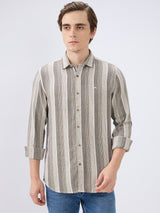 Men's Khaki Cotton Blend Striped Slim Fit Full Sleeves Casual Shirt