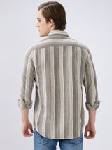 Men's Khaki Cotton Blend Striped Slim Fit Full Sleeves Casual Shirt