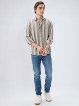 Men's Khaki Cotton Blend Striped Slim Fit Full Sleeves Casual Shirt