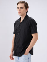 Men's Black Cotton Blend Solid Slim Fit Half Sleeves Casual Shirt