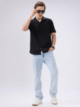 Men's Black Cotton Blend Solid Slim Fit Half Sleeves Casual Shirt