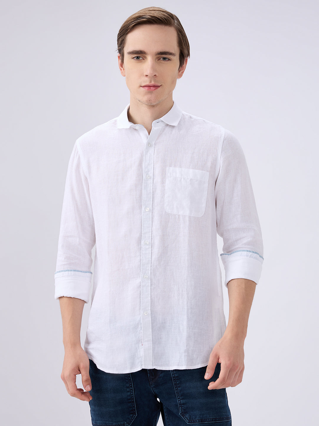 Men's White Cotton Blended Solid Slim Fit Full Sleeves Casual Shirt