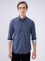 Men's Navy Blue Cotton Blended Printed Slim Fit Full Sleeves Casual Shirt