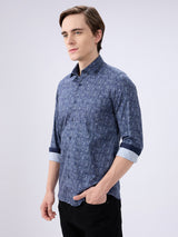 Men's Navy Blue Cotton Blended Printed Slim Fit Full Sleeves Casual Shirt