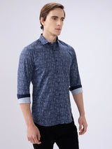 Men's Navy Blue Cotton Blended Printed Slim Fit Full Sleeves Casual Shirt